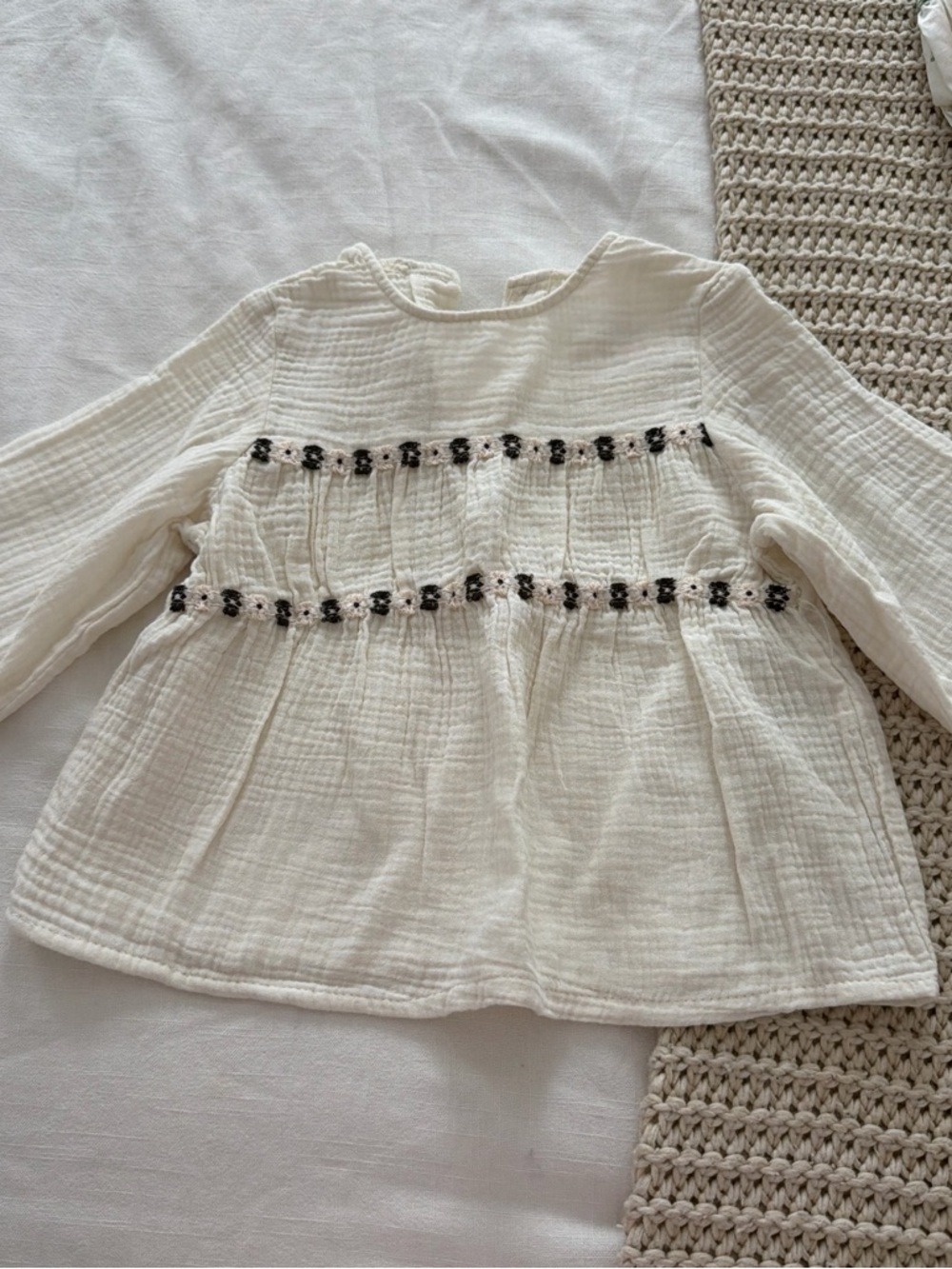 White Textured Long-Sleeve Girls Top with Floral Trim